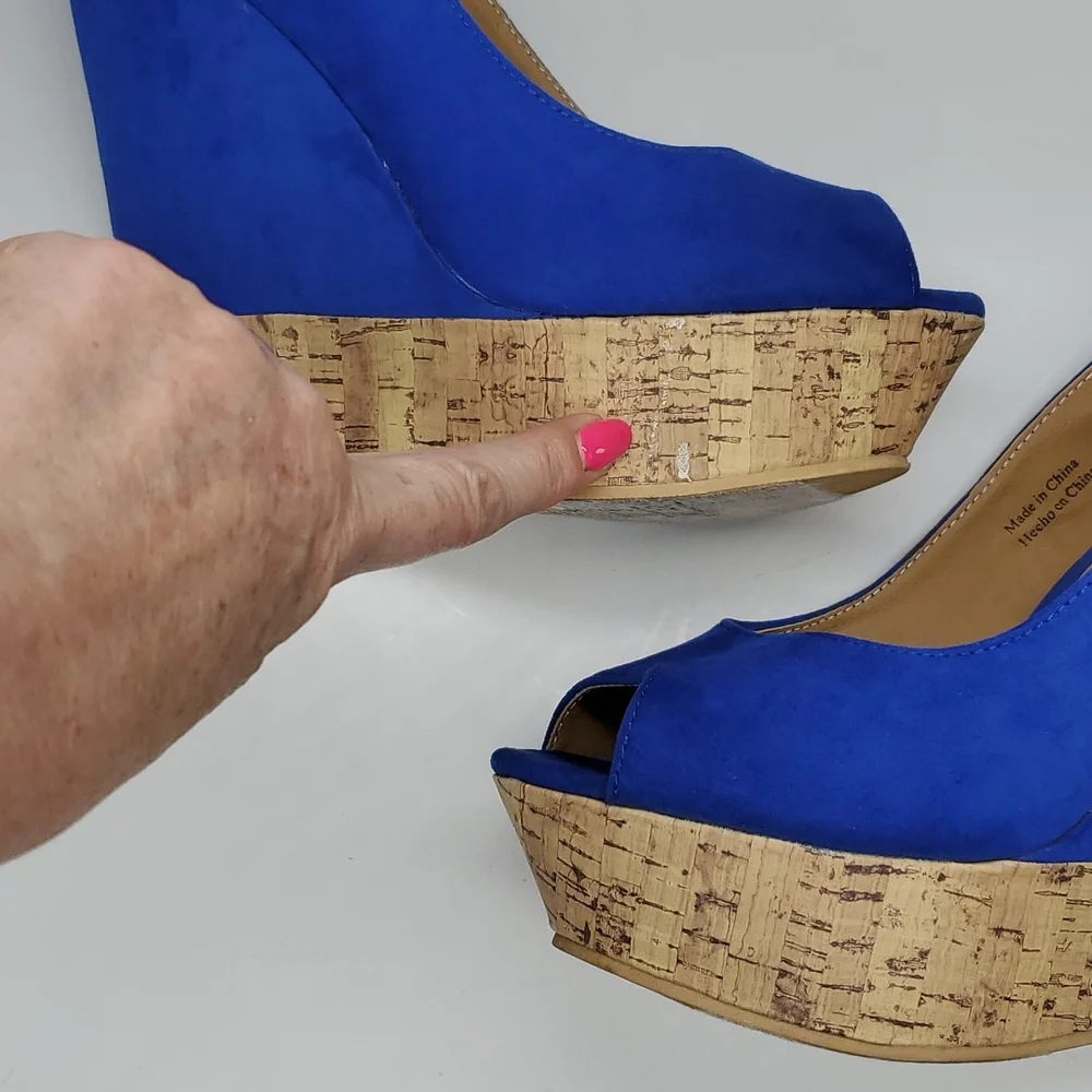 Forever 21 Blue Faux Suede Cork Like Wedge Peep Toe Platform Shoes 8